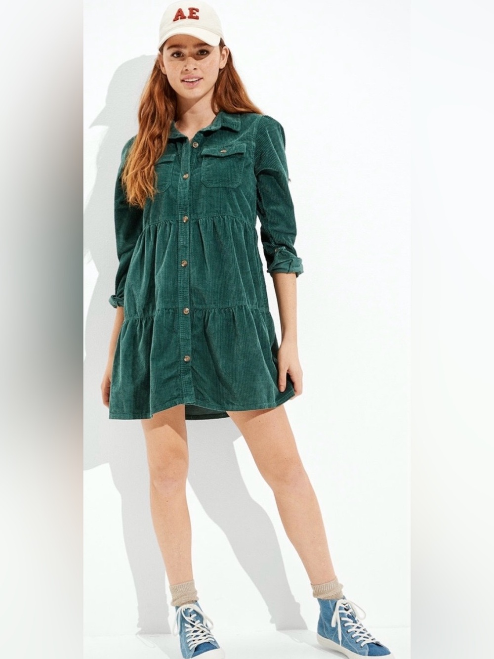 American Eagle Green Corduroy Tiered Shirt Dress XS Button Front Cottagecore